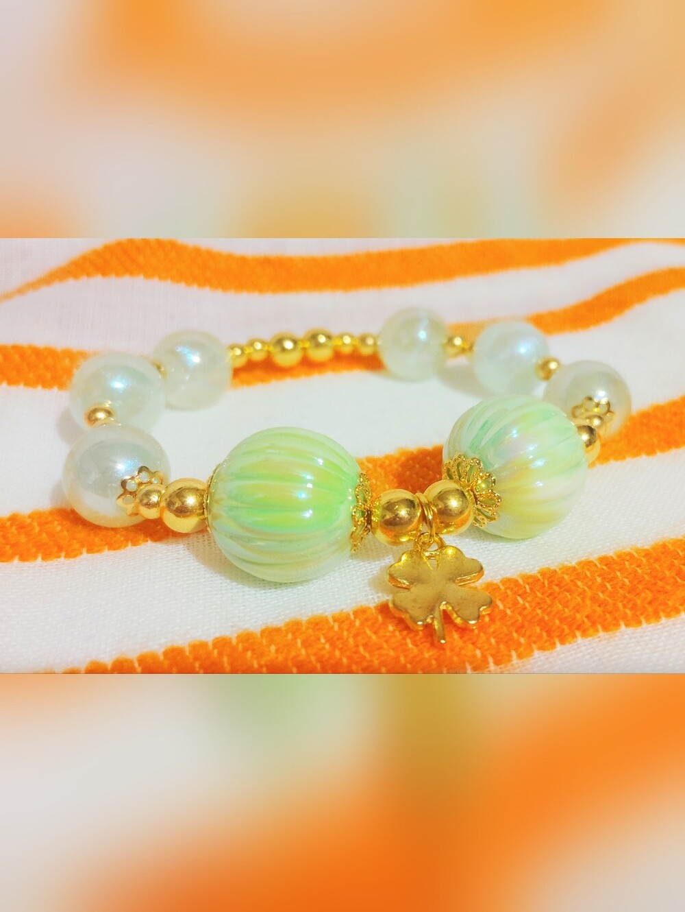 Handmade Gold Clover Bracelet One Of A Kind Green Premium Acrylic Size 7''